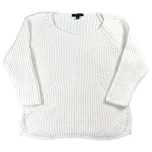 Ann‎ Taylor Cable Knit 3/4 Sleeve Sweater White XL Fisherman Linen Cotton